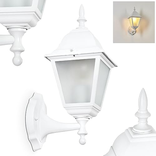 Außenwandleuchte Naofe, Wandlampe aufwärts in antikem Look aus Metall/Glas in Weiß/Milchglas, Wandleuchte im klassischen Landhaus-Stil, Außenleuchte für Terrasse, 1 x E27, ohne Leuchtmittel, IP44