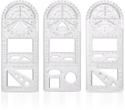 JIANTA 3 Pezzi Righello Geometrico Multifunzionale, Modello di Disegno Geometrico, Strumento di Misura con Goniometro Mobile, Righello per Attività di Disegno per la Scuola e l'Ufficio