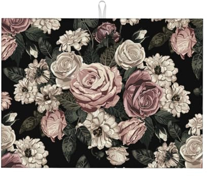 Gearsly Tapete de secado de platos para encimera de cocina, vintage, elegante, floral, absorbente, tapete escurridor de platos de 18 x 24 pulgadas, microfibra antideslizante de secado rápido para