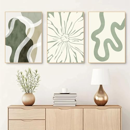 Herfair 3er Premium Abstrakt Grüne Geometrie Poster Set, Grüne Wandbilde Bilder Leinwandbilder, Modern Bilder Set Kunstdrucke Wandposter für Wohnzimmer Schlafzimmer, Ohne Rahmen (A,50x70cm)
