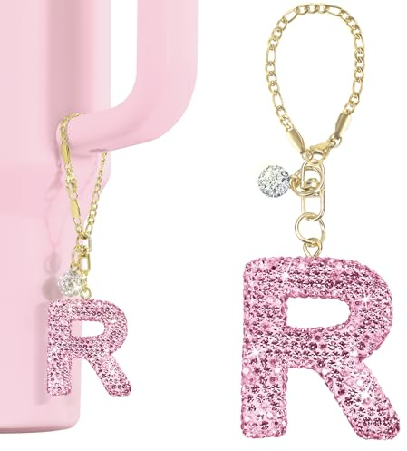 Mokoart Glitter Letter Charms Accessories for Stanley Cup, Water Bottle Charms for HydroJug Traveler & Stanley Tumbler with Handle, Cute Initial Name with Pink Letter for Stanley Cup Accessories (R)