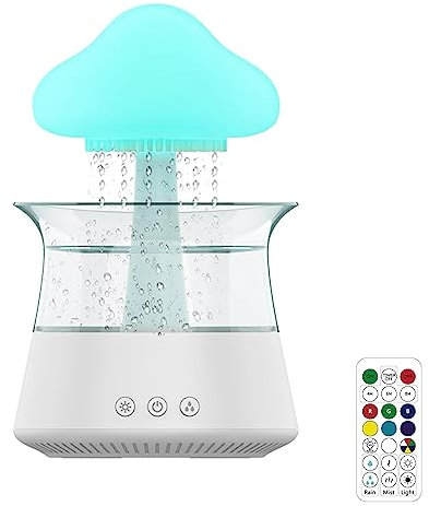 Rain Cloud Humidifier Waterfall Lamp with Remote Control and 7 Colors Changing Night Light, Raindrop Humidifier Aroma Diffuser, Desktop Fountain Water Drop Sound for Home Bedroom Office Plant (White)