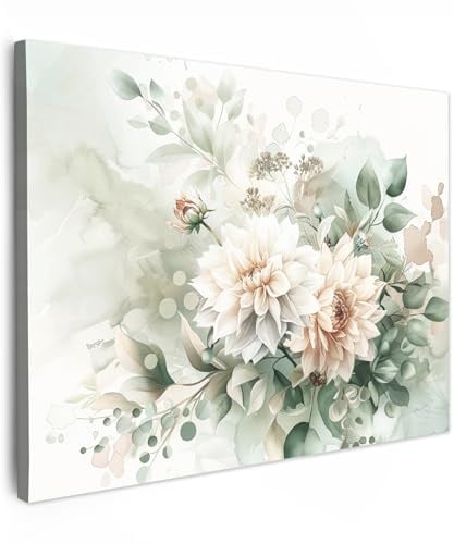 MuchoWow© Bild auf Leinwand Schlafzimmer Bilder Badezimmer Wand Deko | 80x60 cm - Wohnzimmer Modern Wanddeko Bilderwand Geschenk Blumen - Weiß - Pflanzen - Dahlien