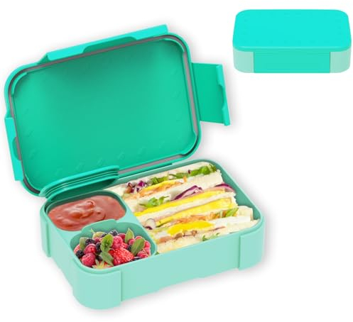 XJIANFU Brotdose Kinder mit Fächern,900ml Auslaufsichere Bento-Box, Kinder-Lunchbox,Auslaufsicher Fächern,Jausenbox Brotbox für,Mädchen & Jungen,Mikrowelle/spülmaschinenfest(Lake Blue)