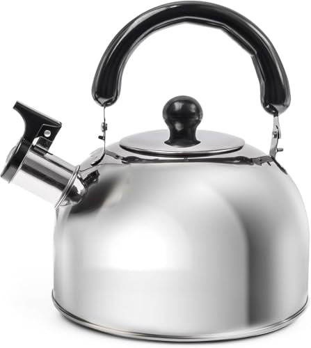 2L Camping Whistling Kettle, Stainless Steel Kettle with Heat-Resistant Handle, Portable Fast Boil Teapot Coffee Pot Water Kettle for Kitchen Gas Stove, Electric Stove & Campfire (Silver)