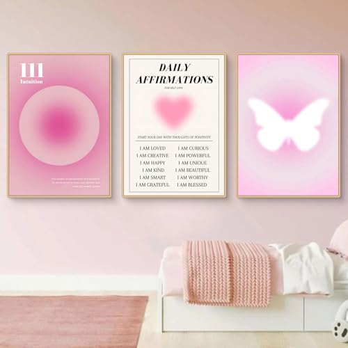 Viusneun 3er Set Rosa Farbverlauf Aura Nummer Wandbilder, Ästhetische Rosa Schmetterling Inspirierende Zitate Leinwand Bilder für Schlafsaal Teen Mädchen Zimmer Deko, Ohne Rahmen (50x70cm)