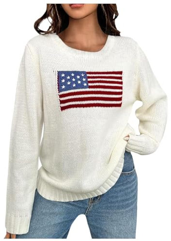 Allbestop Damen Pullover Tops Langarm Flagge USA Strick Sweatshirt Memorial Day Lose Shirts Pullover Für Damen (White, L)