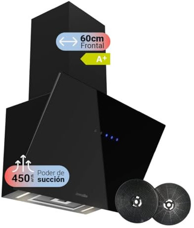 UNIVERSALBLUE - Campana Extractora Inclinada de Cristal Negro 60cm, Succión 450m³/h, Potencia 65W, Temporizador, 3 Velocidades, LED, Filtro Lavable, Clase A+, Filtros de Carbono Incluidos