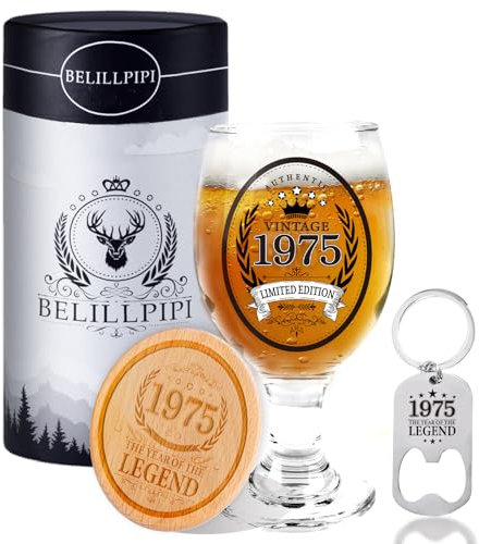 Belillpipi Geschenke zum 50 Geburtstag Mann, 1975 Bierglas Geburtstagsgeschenk für Männer und Frauen, Geschenke 50 Geburtstag, Geschenkideen Für Männer, Bierglas mit Untersetzer, Flaschenöffner