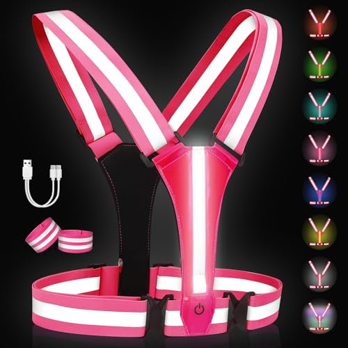 Adiwo Gilet Réfléchissant Running, LED sécurité Rechargeable USB, Gilet Réfléchissant Running à LED Rechargeable,Taille Réglable avec 2 Bandes réfléchissantes,8 Modes d'éclairage,pour Vélo,Moto,Rose