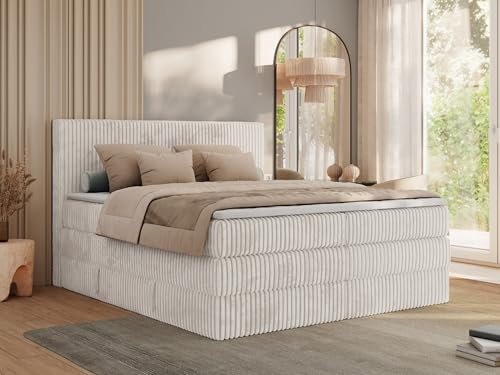 MKS MEBLE Boxspringbett 200x200 Beige Cord, Boxspringbett mit Matratze H4, Bett 200x200 mit Bettkasten and Kopfteil, Doppelbett mit Stauraum, Polsterbett 200x200 - Tiliano King