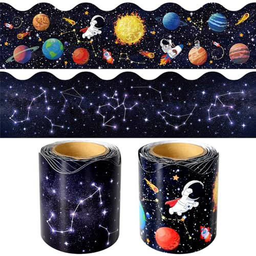 Leezead 2 Rolls Outer Space Border, 65.6 Ft Galaxy Scalloped Borders Trim Night Sky Classroom Bulletin Board Border Trim for Back to School Classroom Bulletin Boards Chalkboard Wall Decor
