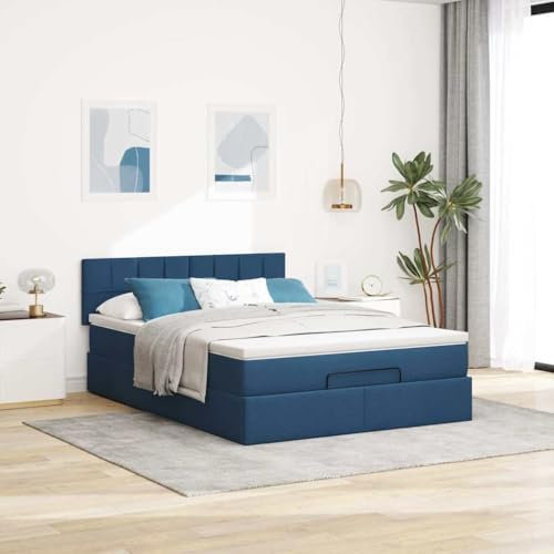 Willood Boxspringbett mit Matratze & LEDs Blau 140x200 cm Stoff Block mit Quadraten