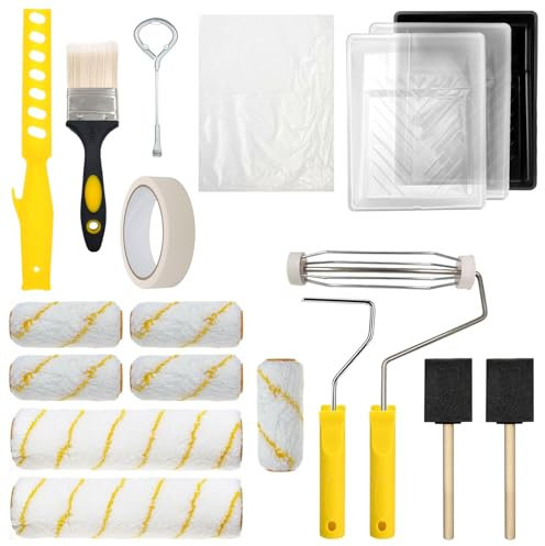 19 Pièces Rouleau Peinture Ensemble, Plastique Technique + Matériau Polyester, avec 9 Pouces et 4 Pouces Rouleau Peinture Mur, à la Décoration Intérieure et Extérieure de la Maison (Blanc + Jaune)