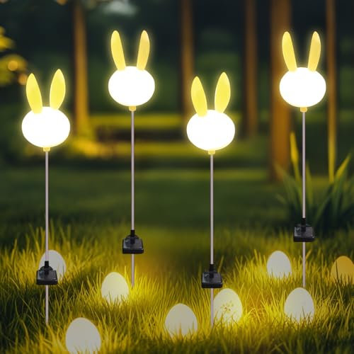 Solarlampen für Außen Garten, Osterdeko Solarleuchten mit LED Warmweiß Osterhase, Ostern Deko Hase Lichter Solarlampen IP65 Wasserdicht Solar Gartenleuchten für Außen Balkon Gartendeko (4 Stück)