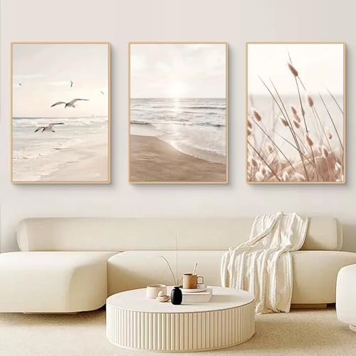 Ueiwffzo 3er Poster Set, Beige Bilder Set, Modern Schilfrohr Natur Landschaft Wandbilder Schlafzimmer Deko Ohne Rahmen Leinwand Wanddeko Wohnzimmer Wandposter (30x40cm)