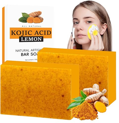 2 Stück Kurkuma Seife - Vegane Duschseife Kojic Acid Soap für Gesicht und Körper, Lemon Turmeric Vitamin C Seifenstück, Feuchtigkeitsspendende Kurkuma Seifen Bar mit Silikon Reinigungsbürste