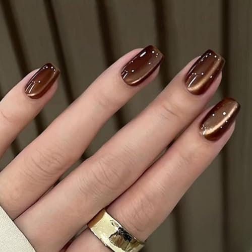 Brown Cat Eye Press on Nails Short Square, SXVME Glitter Glue on Nails Sparkly Shiny Fake Nail Press on With Design, Cute Bling Extra Short Coffin False Nail for Women 30 Pcs