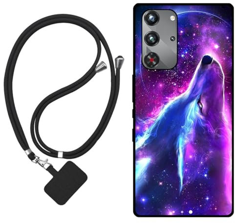 Sunrive Funda Compatible con ZTE Nubia Red Magic 10 Pro,Slim Fit Gel Mate Carcasa Case Bumper de Impactos Espalda Cover (Lobo,Luna,Estrellas)+1 X Correa Universal