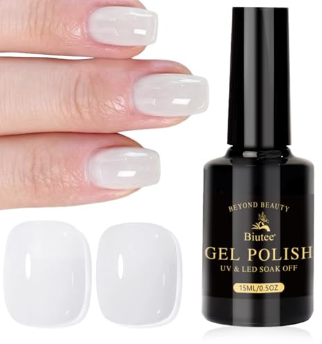 Biutee Esmalte gel semipermanente Jelly Nude | Blanco lechoso transparente, esmalte soak off UV LED 15ml para manicura DIY y estudio profesional.