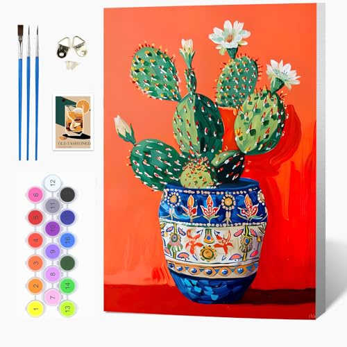 Auremi DIY Cactus Paint by Numbers for Adults Kids-Plant Canvas Oil Painting Kit for Adults,Craft Art Painting with Wooden Frame Kit Acrylic Pigment Drawing Paintwork for Gift Home 20x30cm