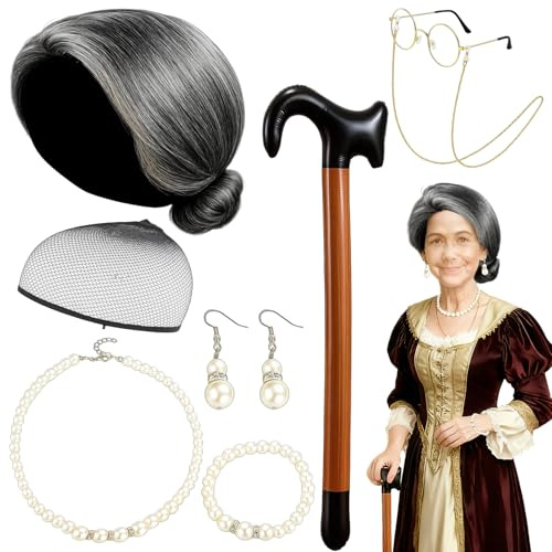 Oma Perücke, 8-teiliges Oma Kostüm Set Mit Grauer Perücke, Perücke Grau, Brille, Kette, Ohrringen, Armband Und Aufblasbarem Stock, Ideal Für Karneval, Halloween Und Cosplay
