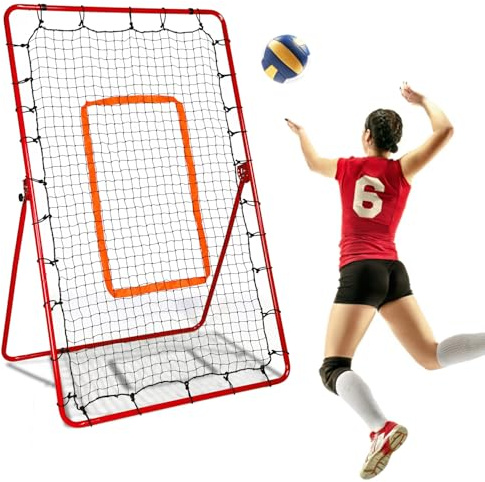 Diegimr Volleyball Rebounder Netz, 180x110cm Verstellbares Volleyball Übungsnetz mit L-Förmiger Halterung und U-Förmigen Pfählen Schlagtrainingsgerät für Lacrosse Baseball Fußball (Rot)