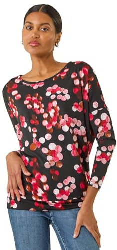 Roman Blouson Top for Women UK Ladies Drop Shoulder Long Sleeve Jersey Stretchy Oversized Casual Office Jumper Soft Everyday Sweater Lounge Sweatshirt Blouses - Red Black - Size 18