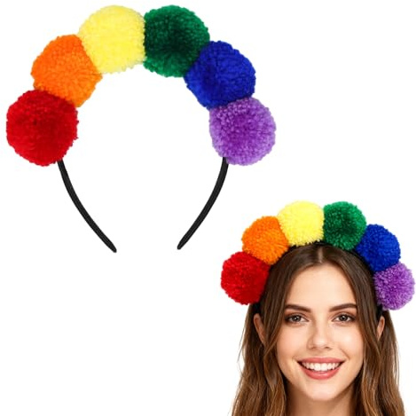 Yuwnd Mode Regenbogen Haarreif Mit Pompoms, Bunter Haarschmuck Für Karneval Und Partys, Weiches Und Bequemes Design