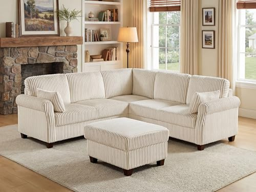 Arcrinte 90.6 V-Shaped Sectional Sofa with Storage Ottoman, Corduroy Beige