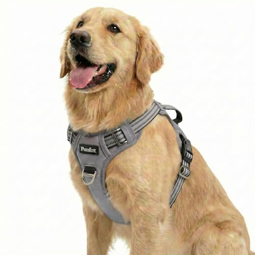 Funfox Hundegeschirr Mittelgroße Hunde, Anti Zug Brustgeschirr Verstellbares Geschirr Hund mit Griff Reflektorstreifen, No Pull Geschirr Hund für Kleine Mittlere Grosse Dog Harness Grau L