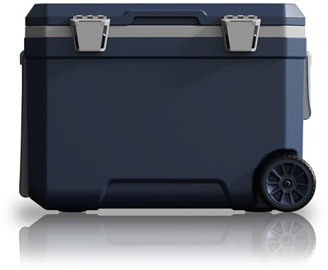 WISD 45L Kühlbox mit Rollen und Griff – Große Camping Kühlbox mit Metallverschlüssen & Ablaufstopfen – Robuste Passive Kühlbox für Picknick, Angeln & Outdoor (Blau)