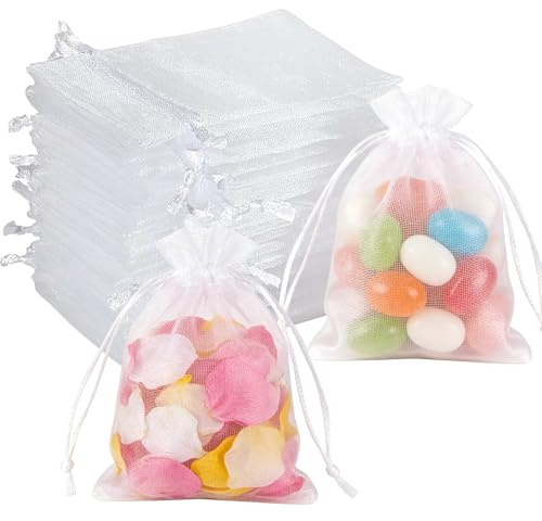 100 Piezas Saquitos de Regalo de Organza, Bolsas para Envoltura de Joyas | 13x18cm Bolsas de Organza Blanco, Bolsas de Organza Lavanda Bolsa de Regalo, para Boda Favores, Joyas y Dulces (Blanco)