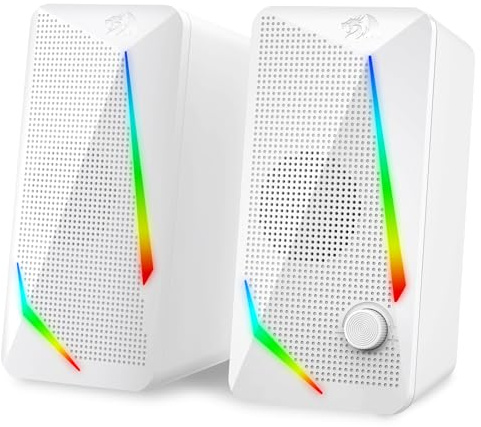 Redragon GS510 RGB Desktop Speakers, 2.0 Channel PC Computer Stereo Speaker with 4 Colorful LED Backlight Modes, Enhanced Bass and Easy-Access Volume Control, USB Powered w/ 3.5mm Cable, White