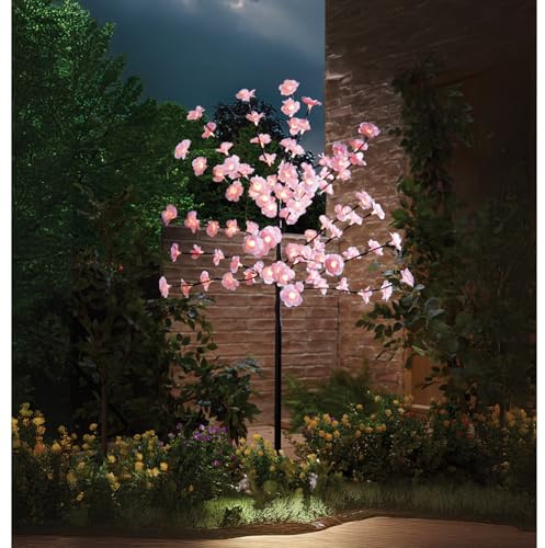 3 PAGEN® Solar Dekobaum mit Kirschblüten – Höhe: 120 cm – frühlingshafte rosa Blüten – Erdspieß zur Montage im Garten, Beet oder Pflanzkübel – Solarbetrieb – Lichtbaum mit Kischblüten - Stimmungslicht