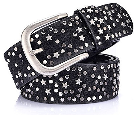 Cheerlife Damen Leder Gürtel mit Nieten besetzt Stern Dekoration Jeansgürtel, kürzbar, Breite 3,8cm (Schwarz)