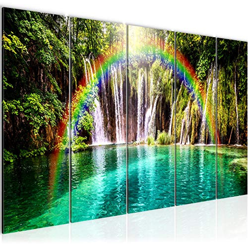 Runa Art Wandbild XXL Wasserfall Landschaft Schlafzimmer Wohnzimmer 200 x 80 cm Grün 5 Teilig - Made in Germany - 607255a