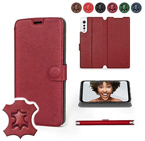 MOBIWEAR | Echt Lederhülle | Kompatibel mit LG Velvet, Made in EU handyhülle, Slim Leather Case, Premium Flip Schutzhülle, Transparent TPU Silicon, Book Style, Tasche - Dunkelrotes Leder