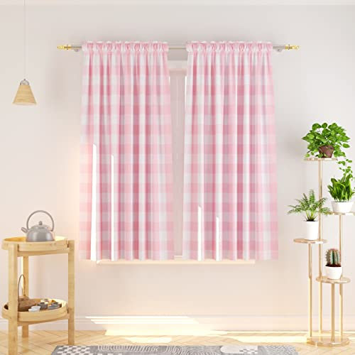 Natus Weaver, Tenda a 2 pannelli per finestra, in cotone, a quadri, lunghezza di 114,3 cm, con passante per asta, per cucina, soggiorno, camera da letto, cantina, rosa e bianco