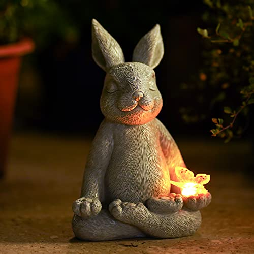 Meditierender Yoga-Hase Statue Garten deko - Solar Garten Hasen Figur mit Schmetterling Licht für Balkon Zimmer Dekoration, Solar Dekorationen Geschenke für Frauen/Mutter/Freundin/Geburtstag,20cm