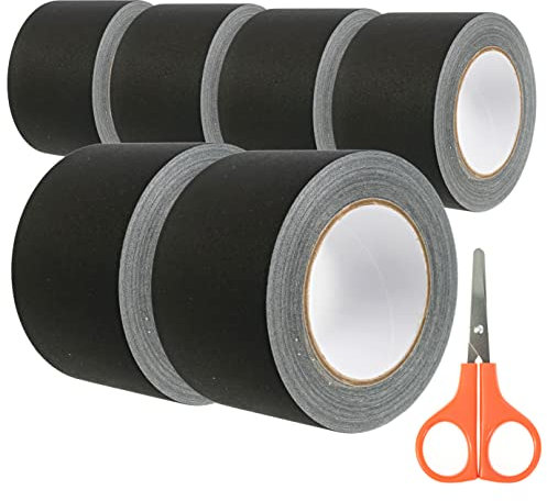 VORVIL Black Gaffers Tape, Heavy Duty Gaffer Tape Bulk, Black Cloth Tape, Gaffers Tape for Carpet, Drums, Cables, and Cameras, 7.6cm x 27.4m Gaffers Tape with Scissors – (6 Rolls)
