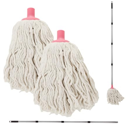 VIDETOL 2 Set Cotton Floor Mops, Mop System with 2 Pcs Metal Mop Handle 146CM and 2 Pcs White Round Mop Head , Floor Cleaning Mopping Set for Domestic and Commercial Cleaning