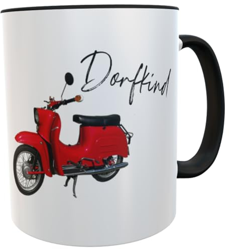 Kilala Motiv Tasse weiß, mit Dorfkind Aufdruck und Schwalbe Roller Motiv rot, Name personalisiert, Geschenk für Mofafahrer und Mopedfahrer