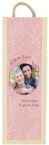 Caja botella de vino personalizada para regalo a madre o padre. Caja de madera natural (Modelo rosa, caja para 1 botella)
