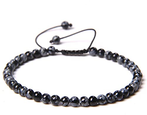 SMTSEC Bracelet en Obsidienne Flocon de Neige Perles en Pierre Naturelle de 4mm Réglable Unisexe Tressé à la Main Perles Rondes Bracelet pour Meilleur Ami Joli Cadeau D'Anniversaire