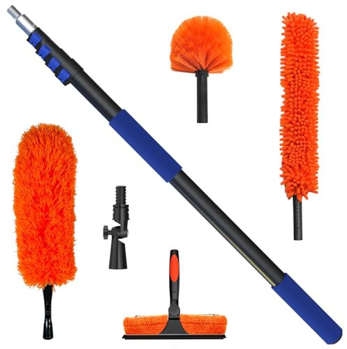 SKGPOLE 26 Foot High Reach Duster Kit with 5-20 ft Telescoping Extension Pole, High Ceiling Duster, Cobweb Duster, Window Squeegee, Feather Duster, Outdoor & Indoor Extendable Duster Cleaning Kit