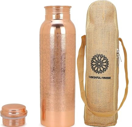 FURNISHFUL FINESSE Kupfer-Wasserflasche zum Trinken, natürliche Kupferflasche mit Tragetasche, Kupfergefäß für Yoga, Fitnessstudio, Wandern, ayurvedische Wasserflasche zum Trinken – 34 oz/1000 ml