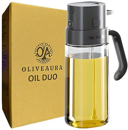 Oliveaura Oil Duo – 2-in-1 Oil Dispenser & Sprayer for Cooking, BBQ, and Air Fryer | 500ml BPA-Free Mister with Ultra-Fine Mist, Non-Slip Base, ml & Tbsp Scale, 13 Labels (Dark Grey)