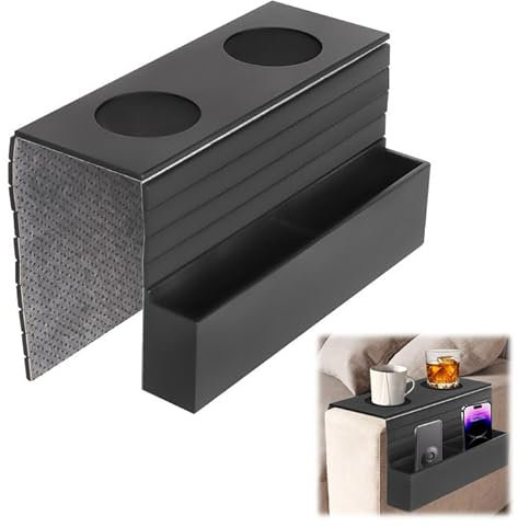 TOWEBOORY Sofatablett Armlehne Flexibel, Holz Sofa Armlehne Tablett mit 2 Getränkehalter und Fächern Tablett für Sofa Folding Sofa Armlehne Tablett Clip auf Breiten Couches für Essen, Snacks, Remote