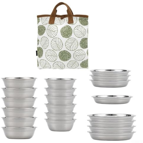 RANRAO Juego de 20 platos de camping de acero inoxidable, portátil y ultraligero para camping, vajilla y plato